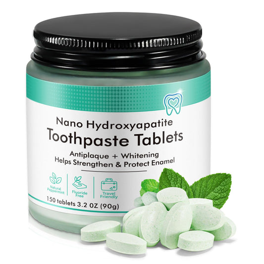 Front view of 150P toothpaste tablets in a jar