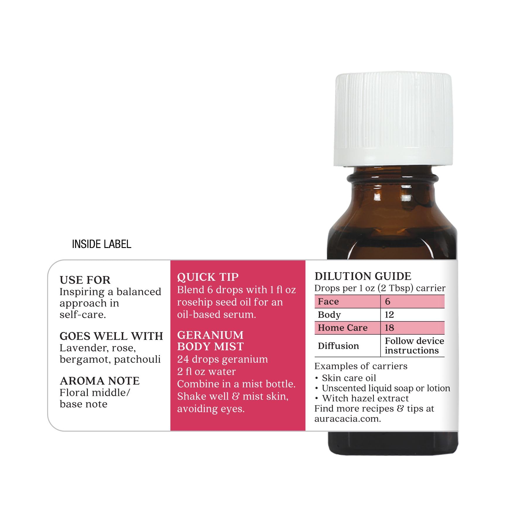 Amber glass bottle of Aura Cacia geranium essential oil 15 ml