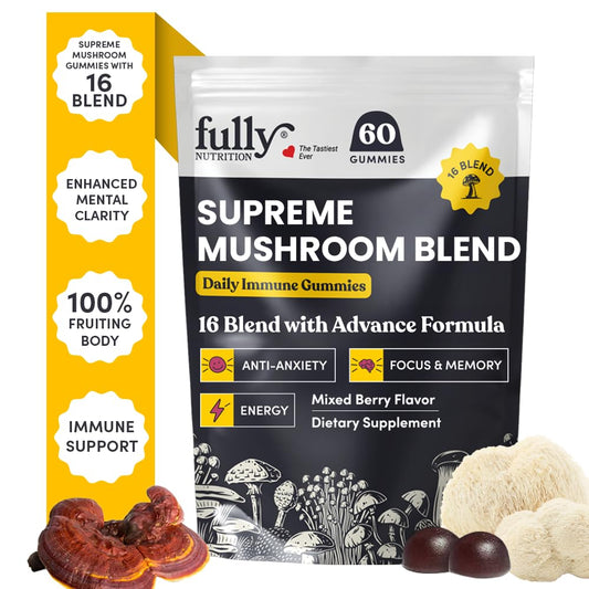 Bottle of 16 in 1 Blend Mushrooms Gummies with Lion's Mane label