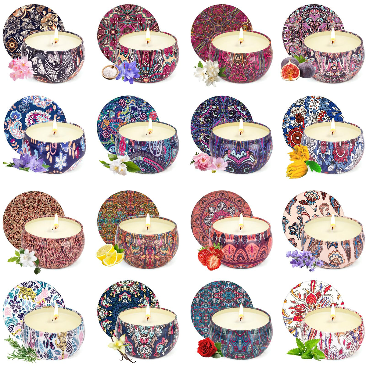 Front view of the 16-pack scented candles gift set in tin containers