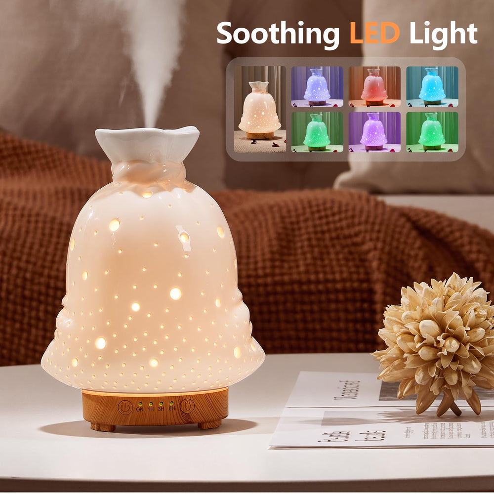 Close-up of hand-finished ceramic diffuser with lucky bag motif