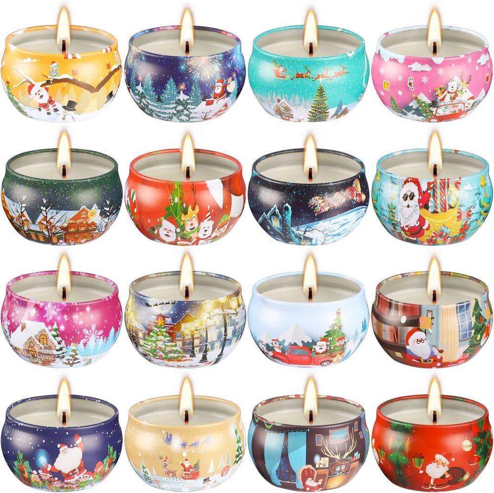16-piece Christmas scented candles set jars displayed