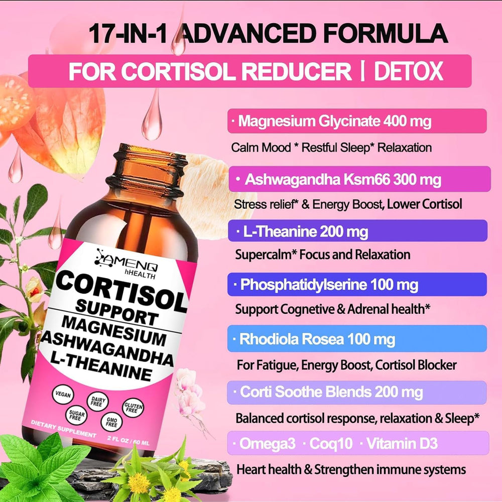 Illustration of the 17-in-1 cortisol reducer ingredients including KSM-66 and Ashwagandha