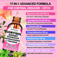 Illustration of the 17-in-1 cortisol reducer ingredients including KSM-66 and Ashwagandha