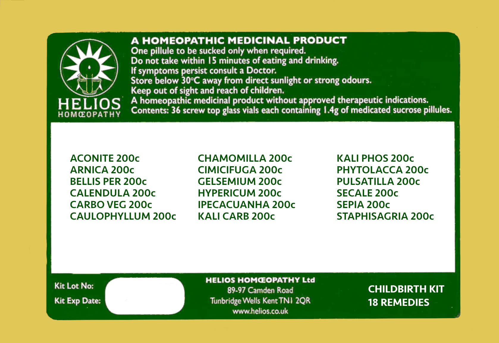 Compact palm-sized childbirth homeopathy kit