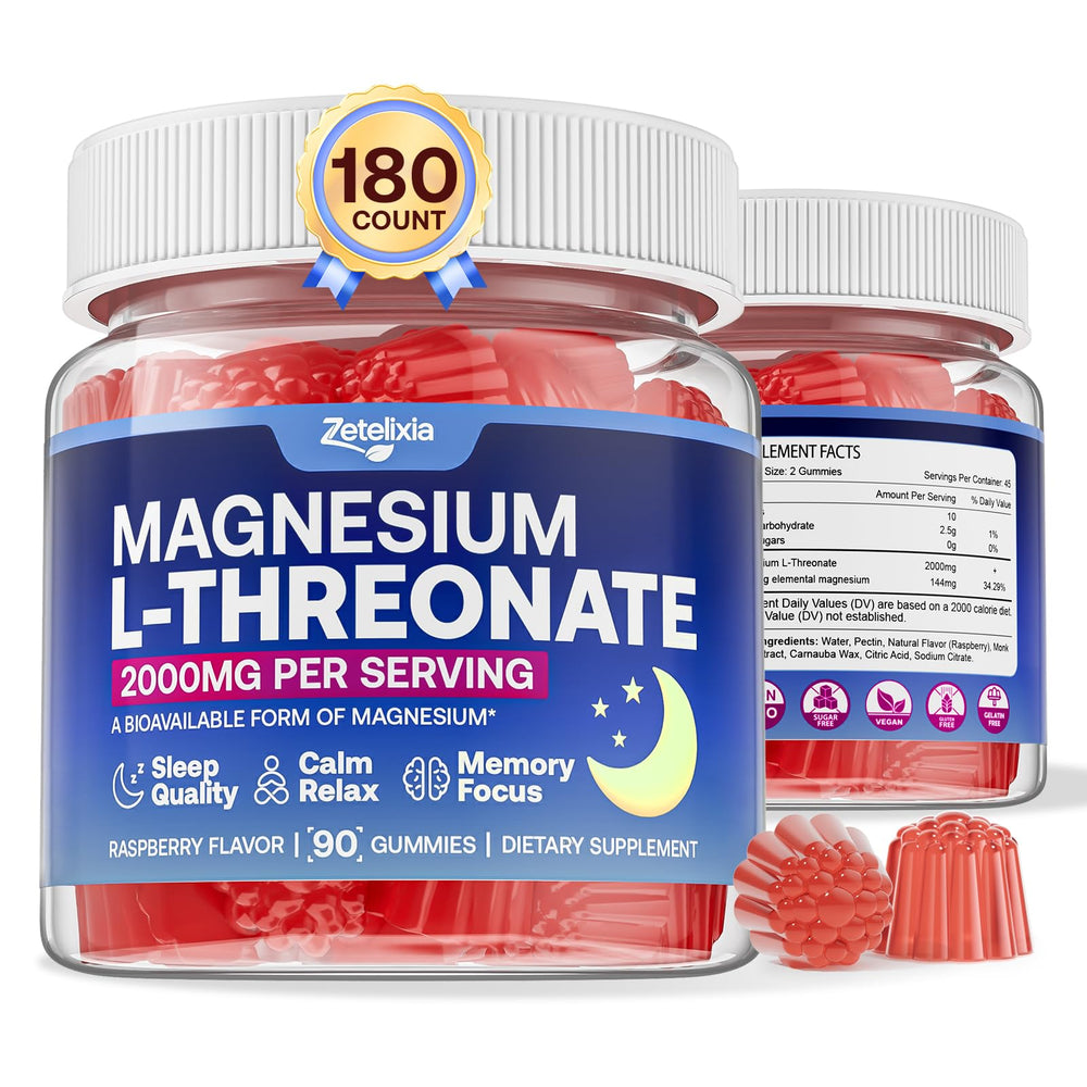Front view of two 180-count Magnesium L-Threonate Gummies Raspberry bottles