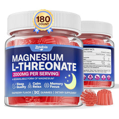 Front view of two 180-count Magnesium L-Threonate Gummies Raspberry bottles