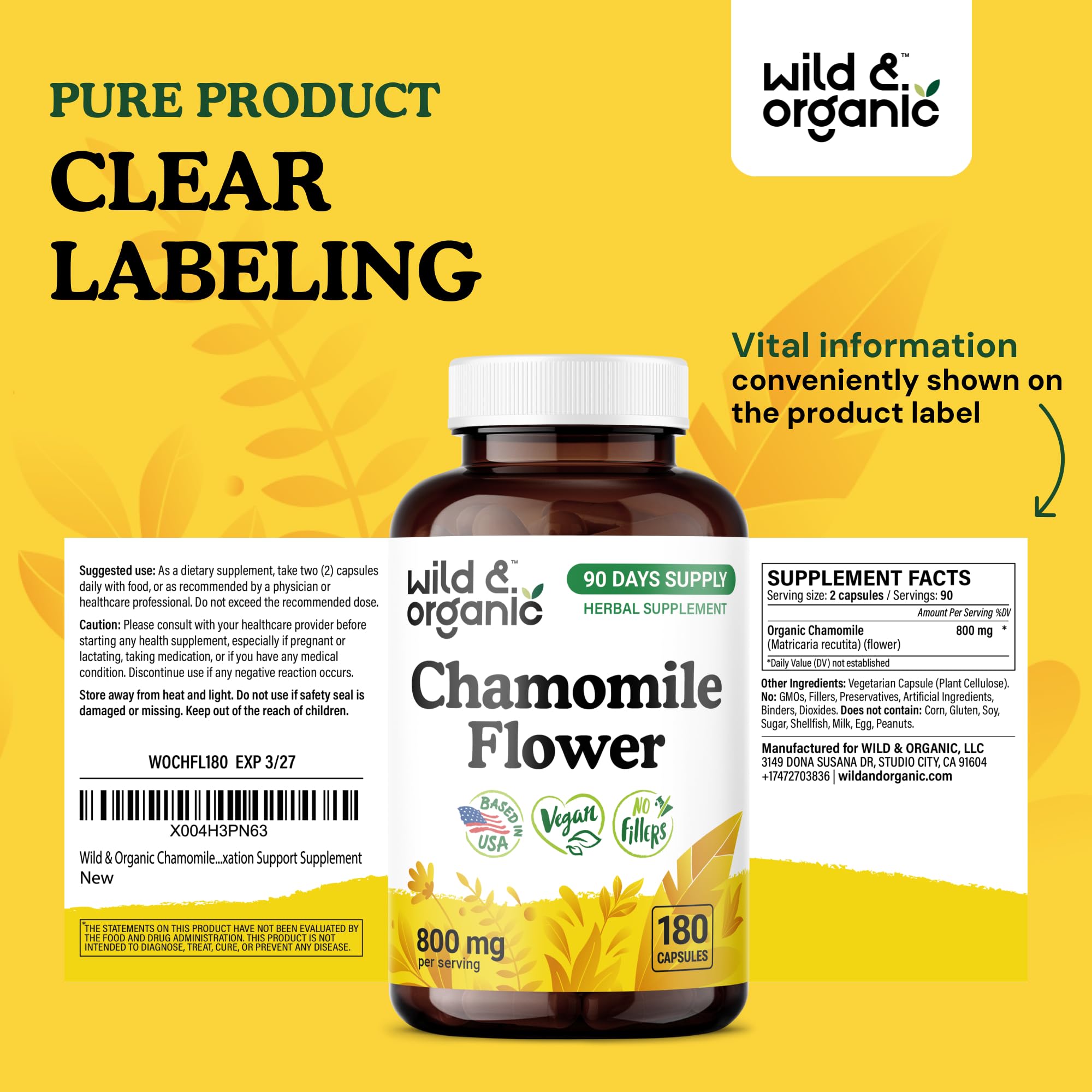180-count chamomile capsules bottle showing 90-day supply