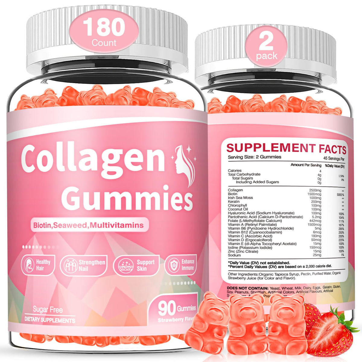 180-count collagen gummies bottle with strawberry flavor label