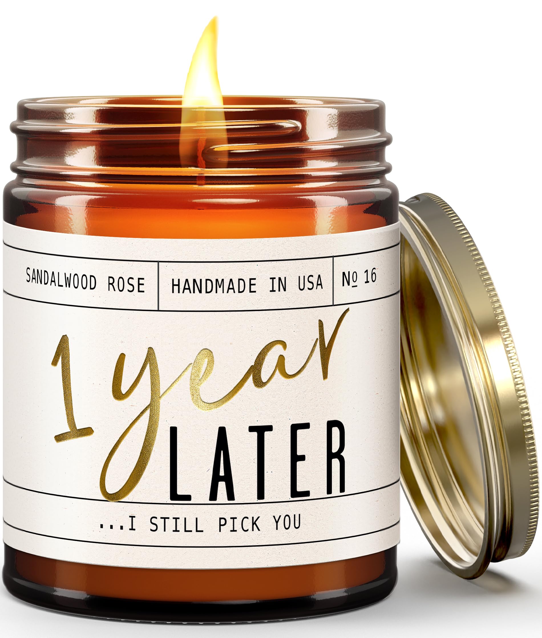 Candle with 1 Year Later etched in gold foil