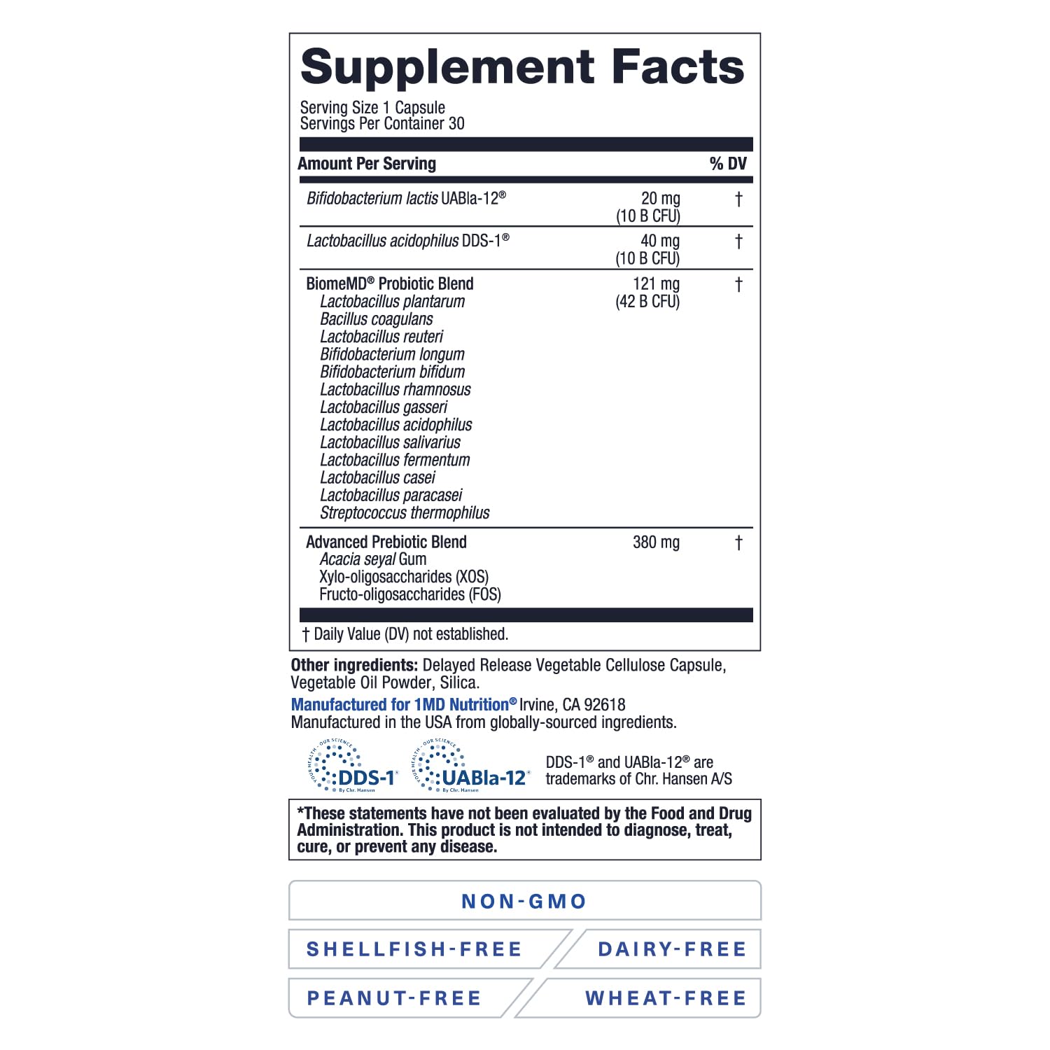 Front view of doctor-formulated BiomeMD Probiotics bottle