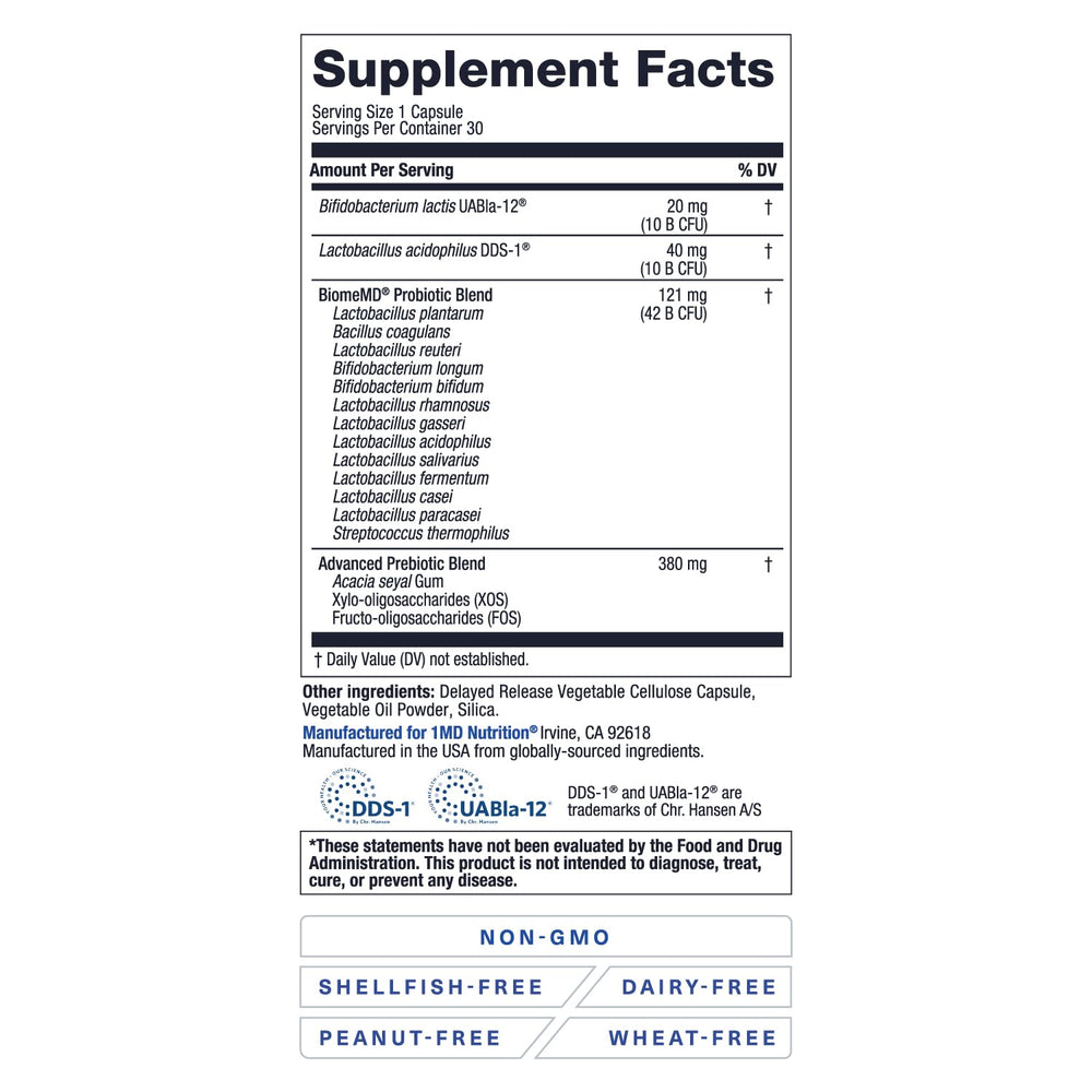 Front view of doctor-formulated BiomeMD Probiotics bottle