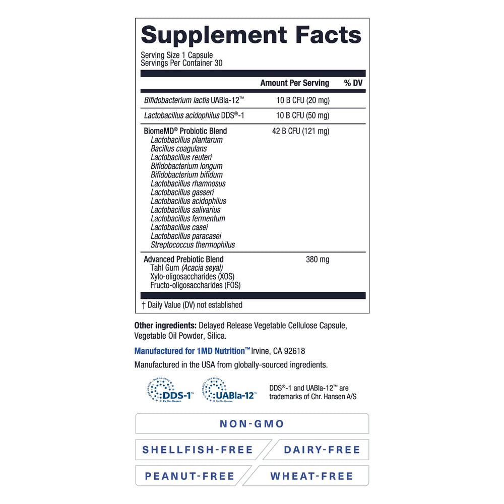 Doctor-formulated BiomeMD Probiotics label and credentials