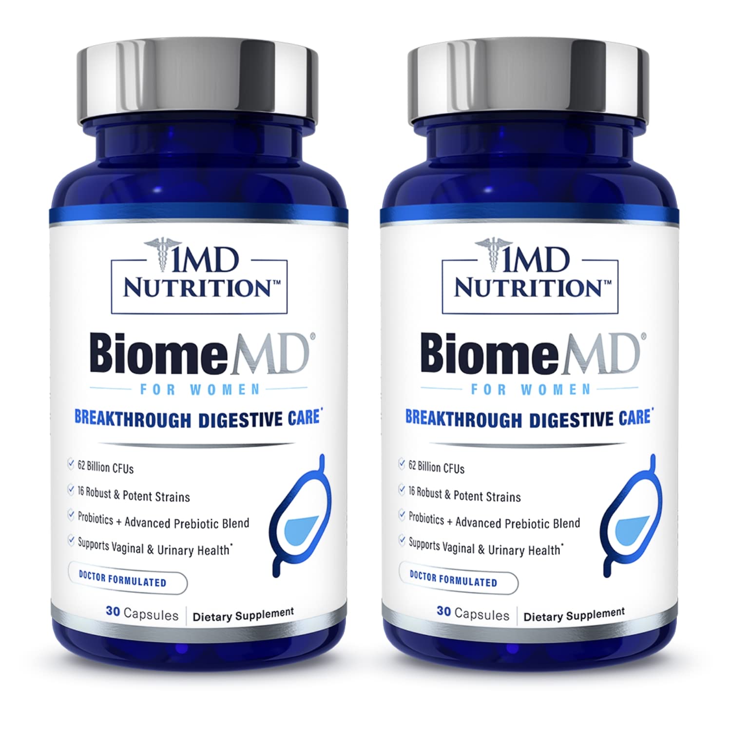 1MD BiomeMD Women bottle front shows a high-potency probiotic blend for daily gut balance.