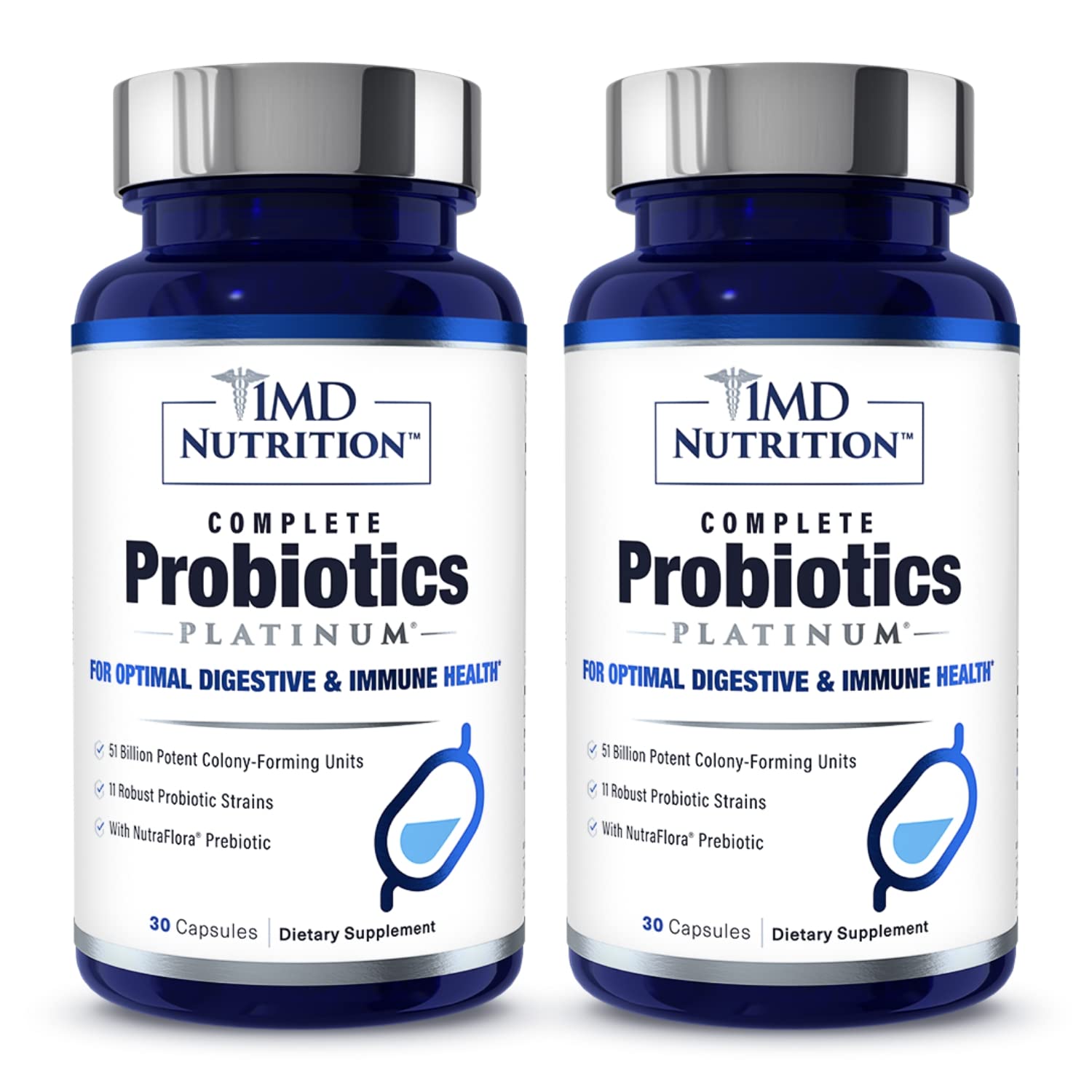 1MD Complete Probiotics Platinum bottle promotes digestive balance and gut health.