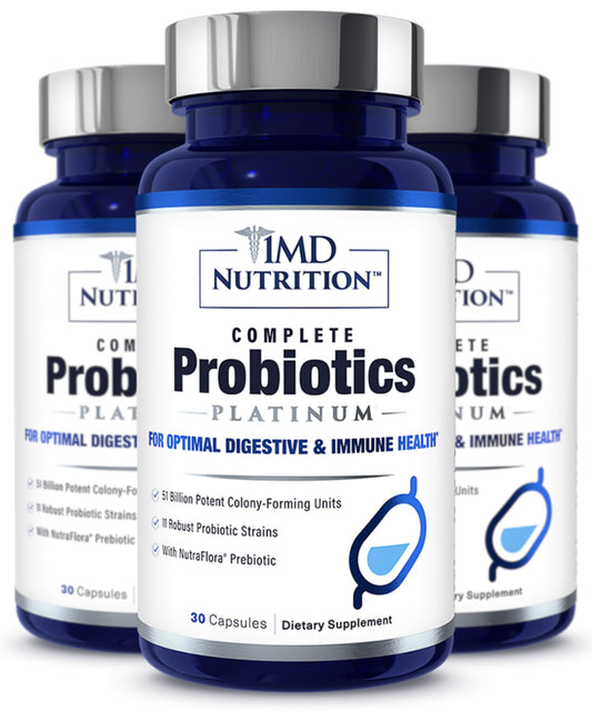 Front view of 1MD Complete Probiotics Platinum 3-pack bottle