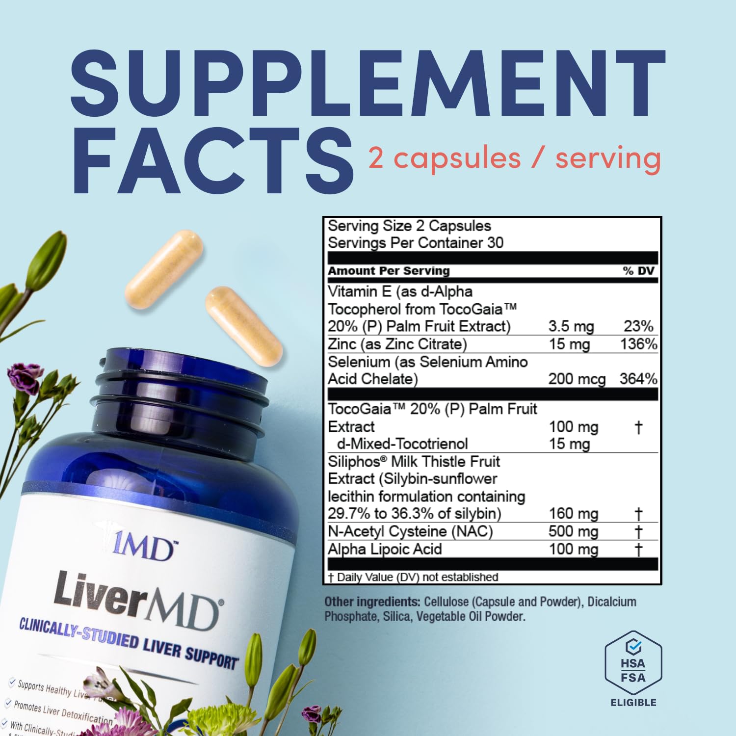 1MD LiverMD label highlights clinically studied ingredients.