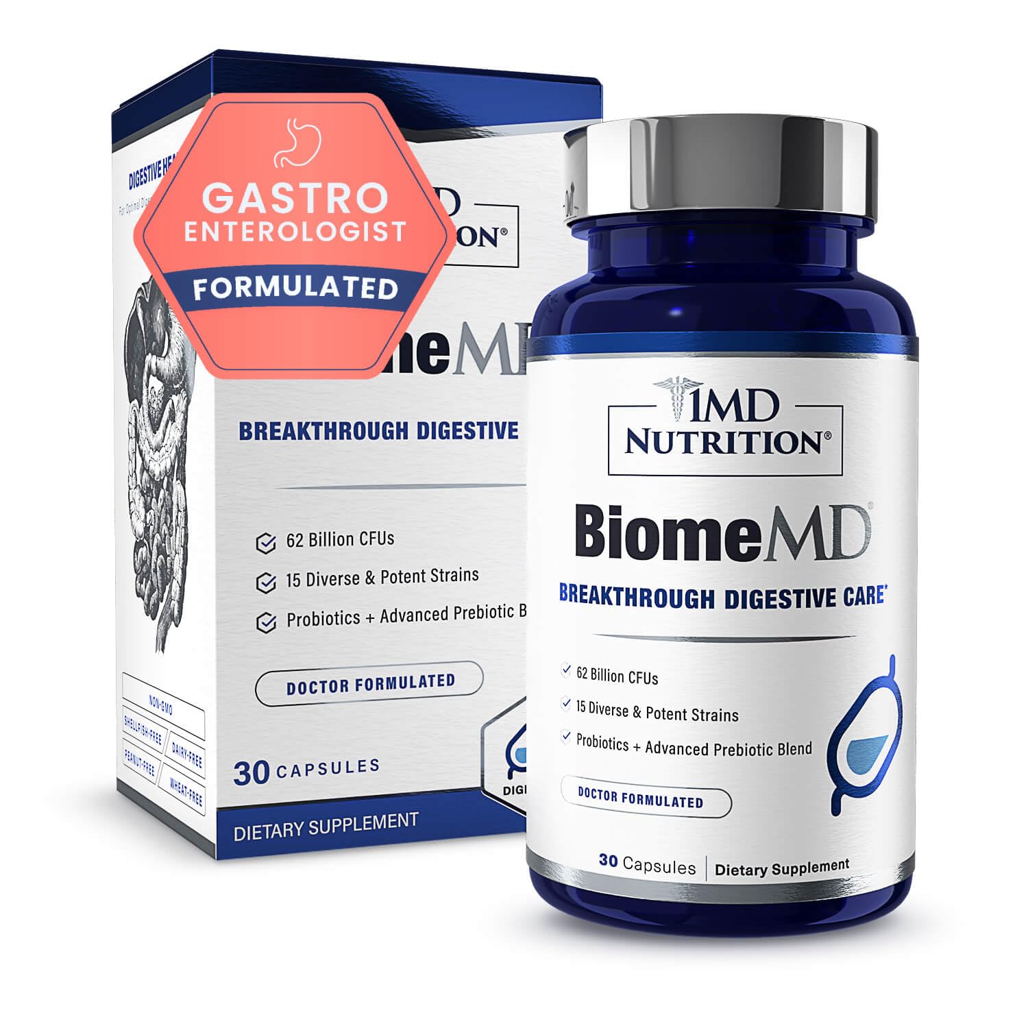 1MD BiomeMD Probiotics bottle front supports digestive balance on the kitchen counter.