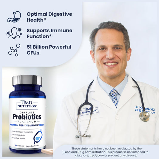 Close-up of the 1MD Complete Probiotics Platinum bottle label