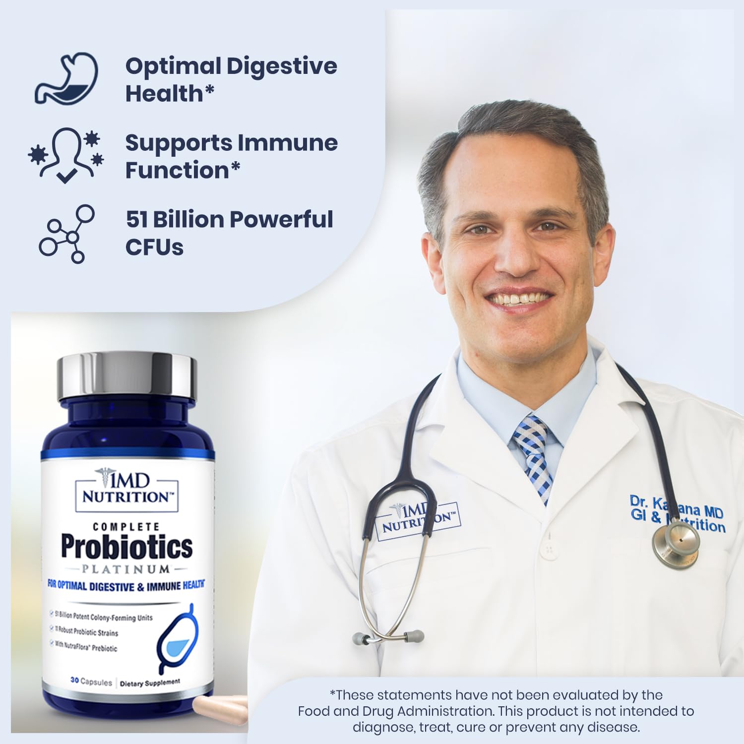 1MD Nutrition Complete Probiotics Platinum capsules closeup shows 51B CFUs.