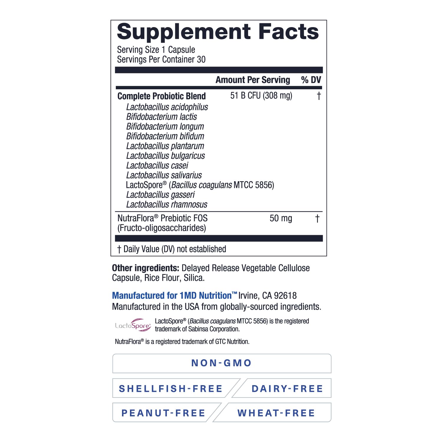 Back label highlighting probiotic strains and CFU details
