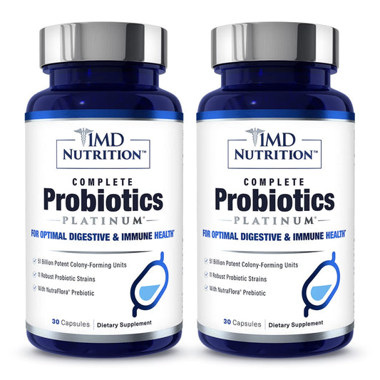 Front view of 1MD Complete Probiotics Platinum bottle