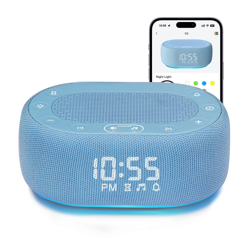 1Mii white noise sleep machine blue on bed promotes deeper rest with calming sounds.