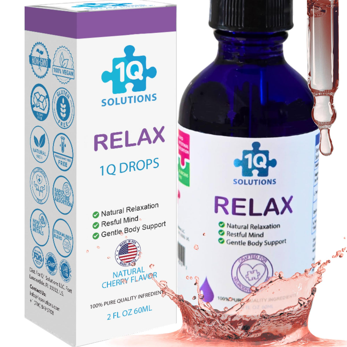 1Q Relax Liquid Calm Drops for Kids bottle with label