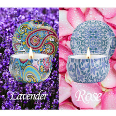 Portable travel tin candle set arranged for desk or bag