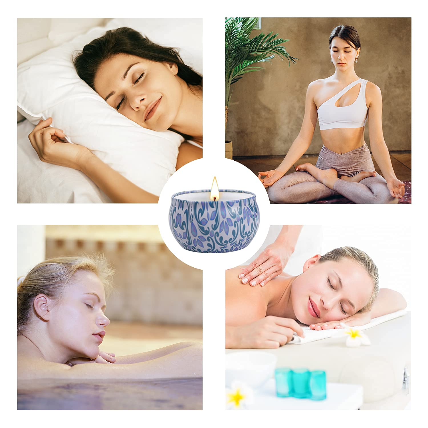 Flat lay of floral scented candles in spa-like setting