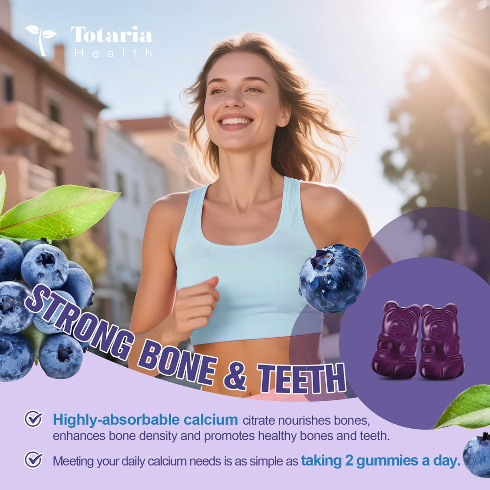 Sugar-free blueberry calcium citrate gummies on white background