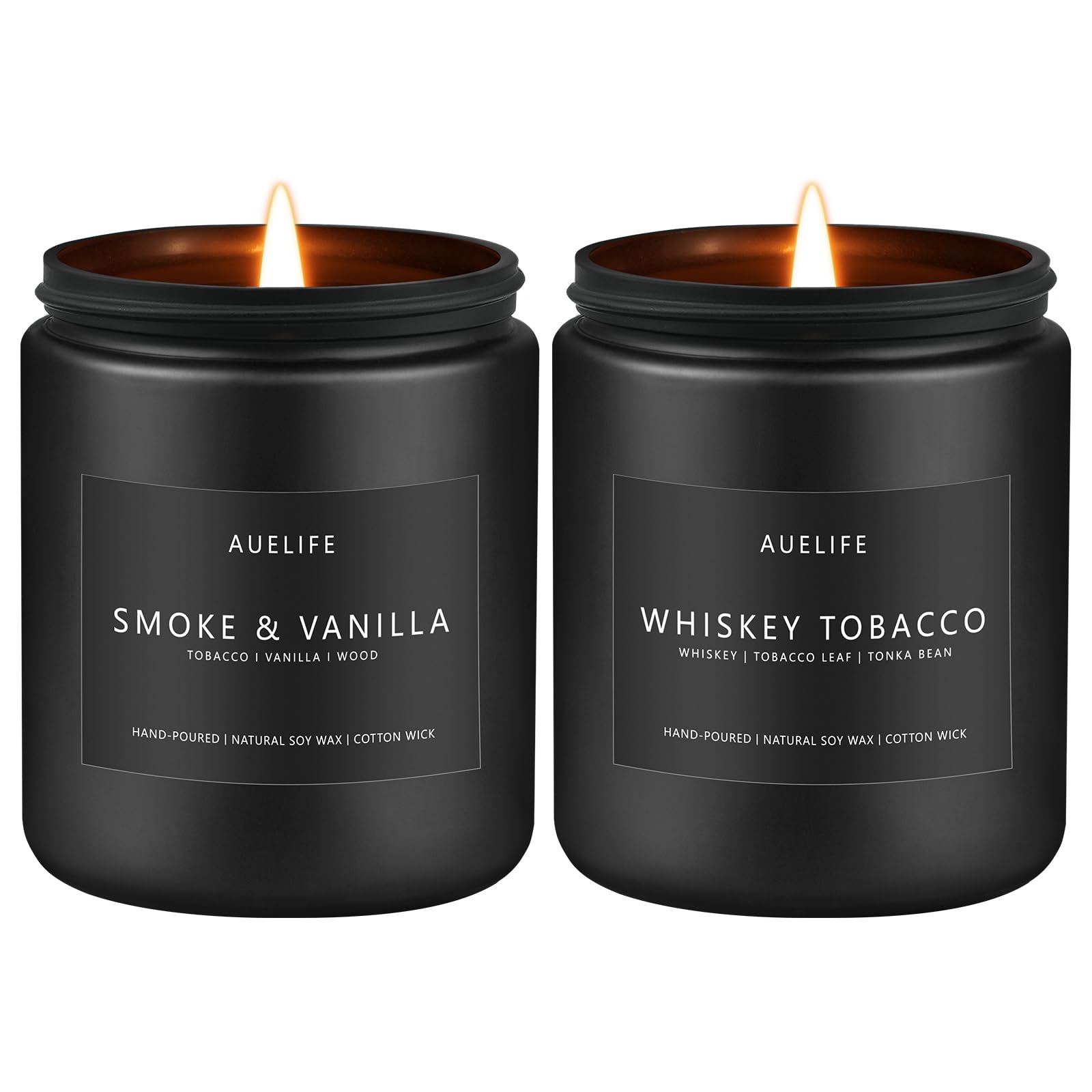 Two 7oz candles in matte black jars labeled Smoke Vanilla and Whiskey Tobacco