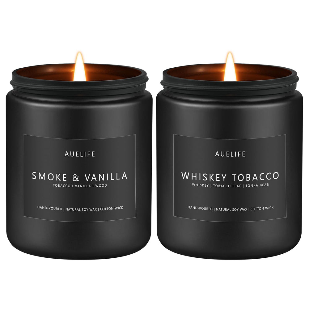 Two 7oz candles in matte black jars labeled Smoke Vanilla and Whiskey Tobacco
