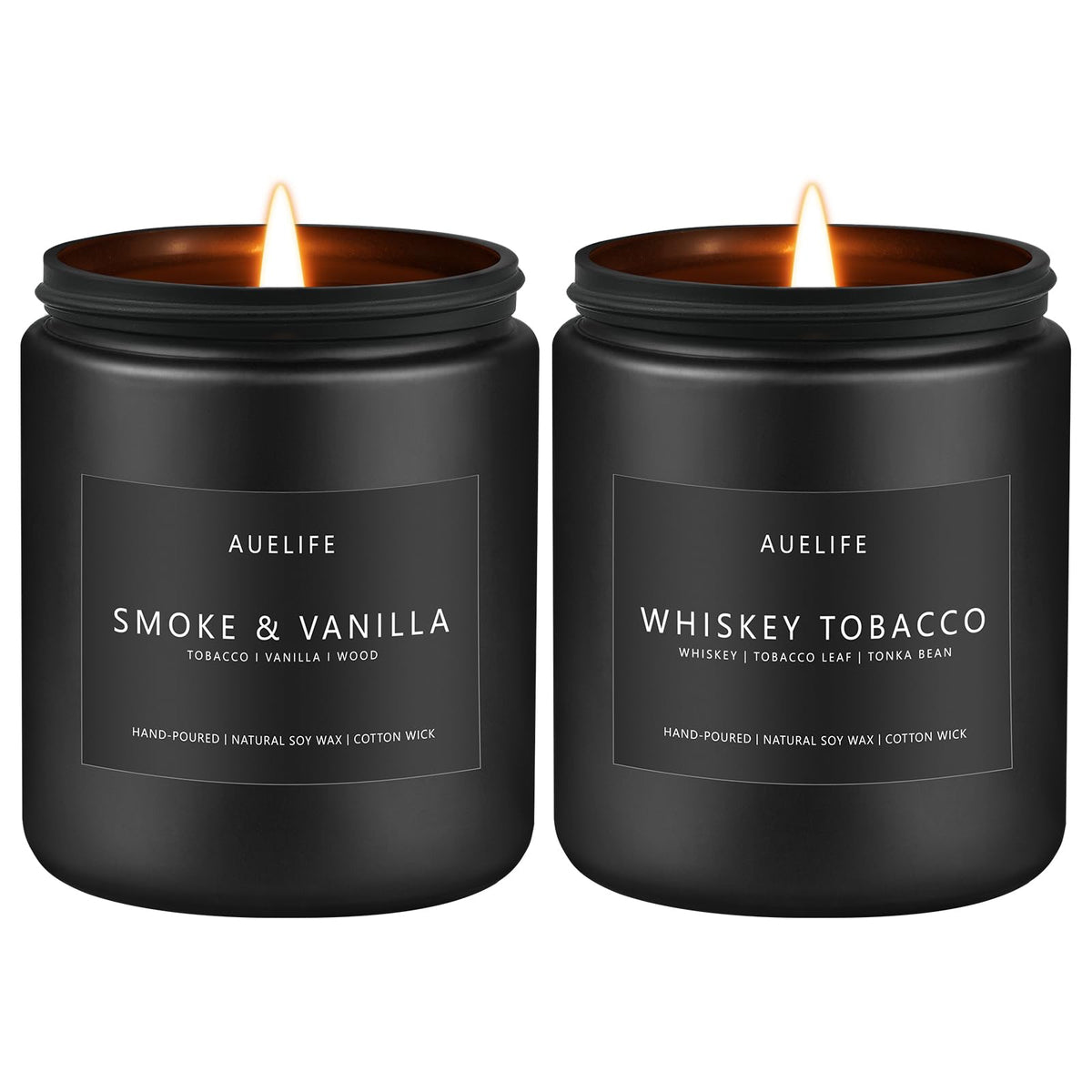 Two 7oz candles in matte black jars labeled Smoke Vanilla and Whiskey Tobacco