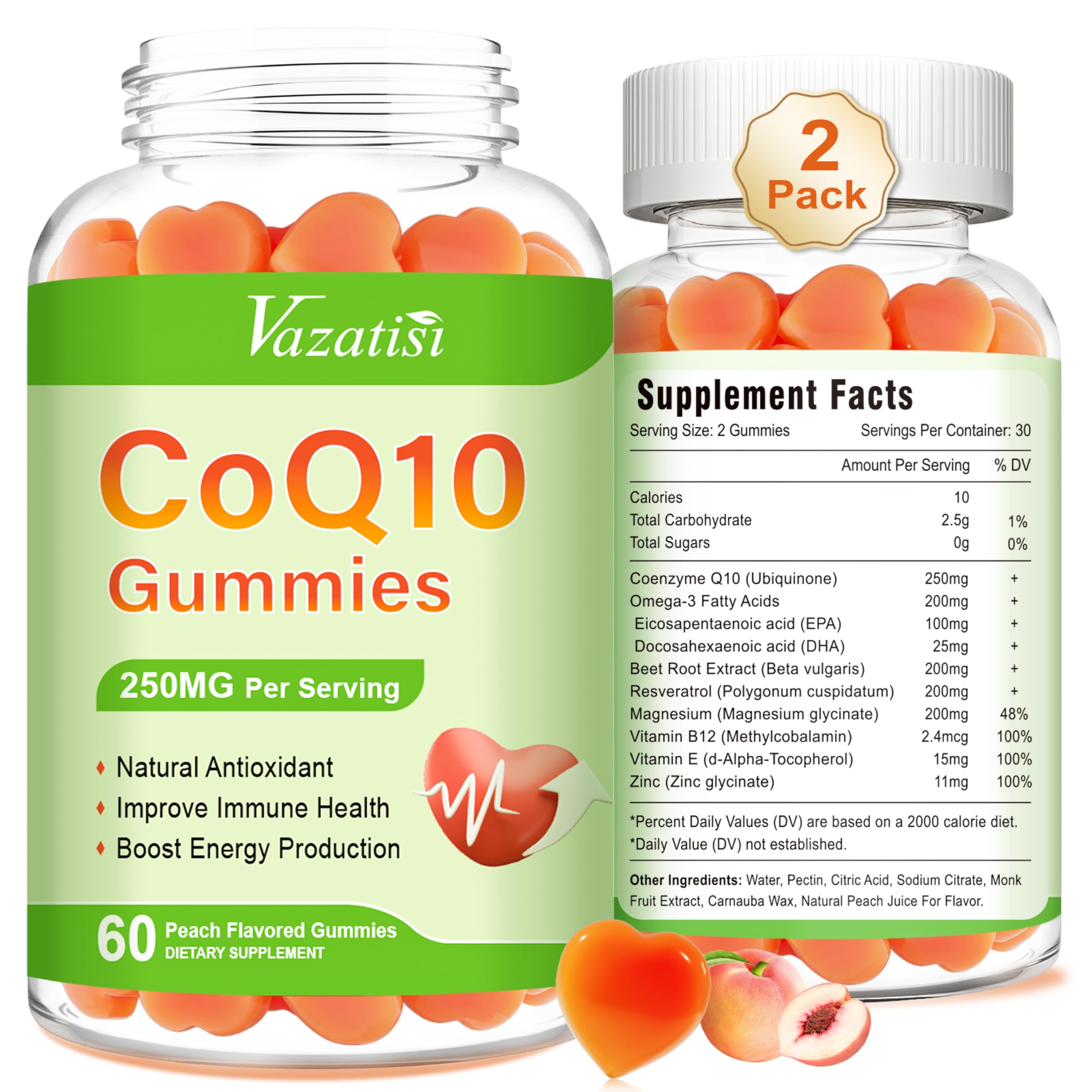 2-pack CoQ10 gummies with 250 mg per serving, plus Omega-3, Magnesium and Vitamin B12, 120-count bottle
