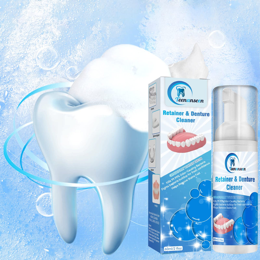 Product packaging showing the 2-pack Aligner Cleaner and Denture Cleaner Foam