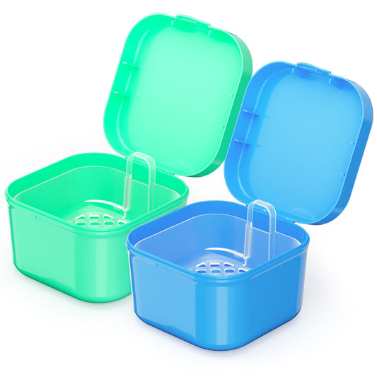 Front view of 2-pack denture bath case with strainer basket