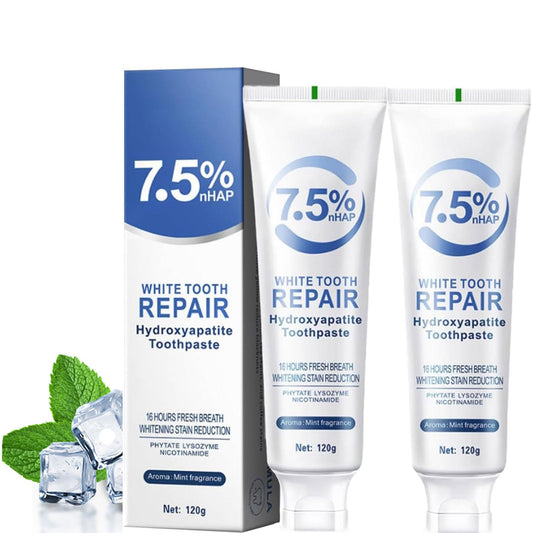 Twin-pack fluoride-free Nano Hydroxyapatite toothpaste tubes on white background