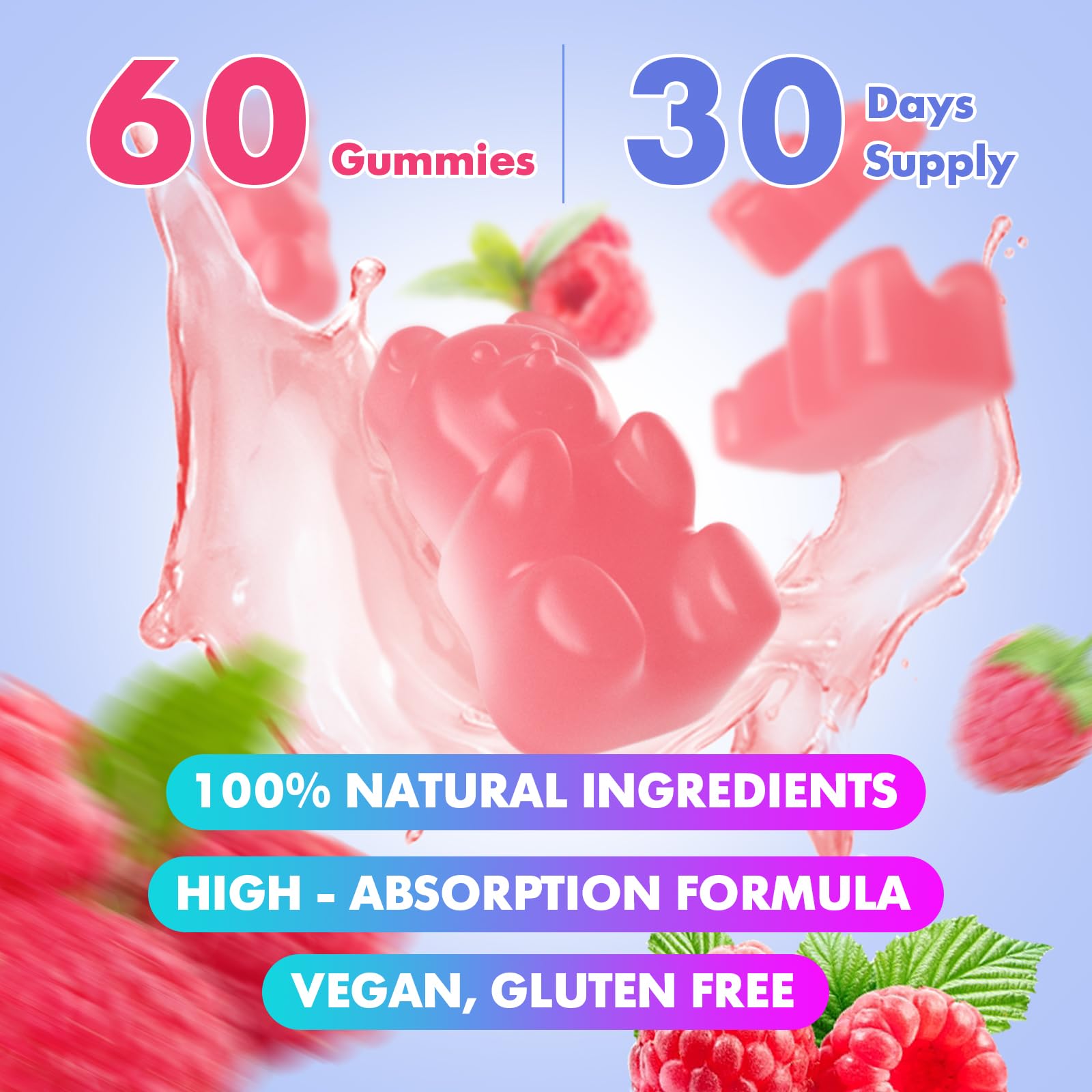 Icons indicating vegan, gluten-free, and non-GMO features