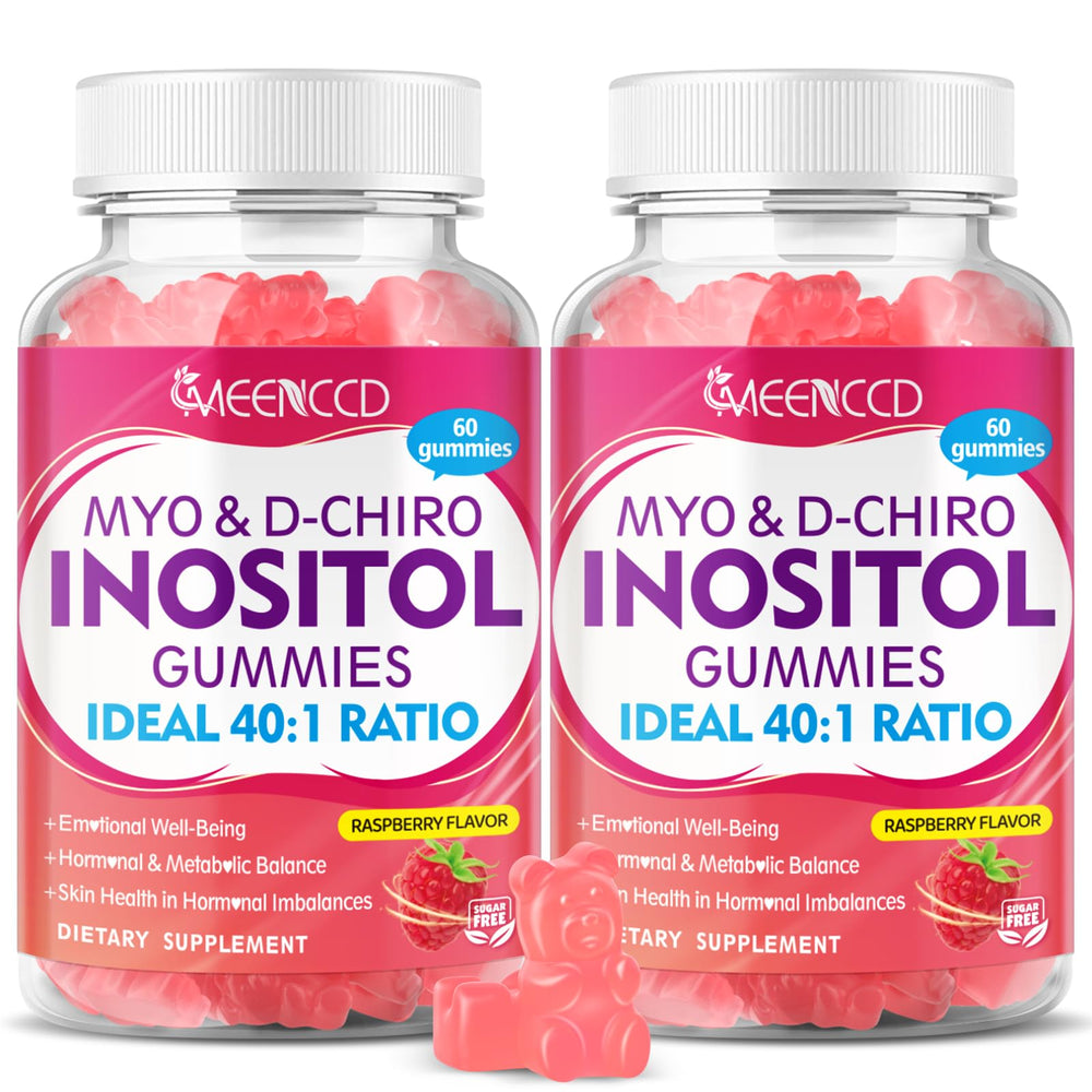 Two-pack raspberry-flavored myo-inositol and d-chiro inositol gummies bottle showing 120 count