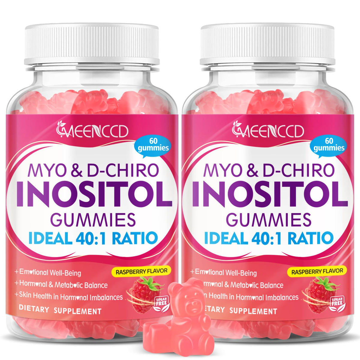 Two-pack raspberry-flavored myo-inositol and d-chiro inositol gummies bottle showing 120 count