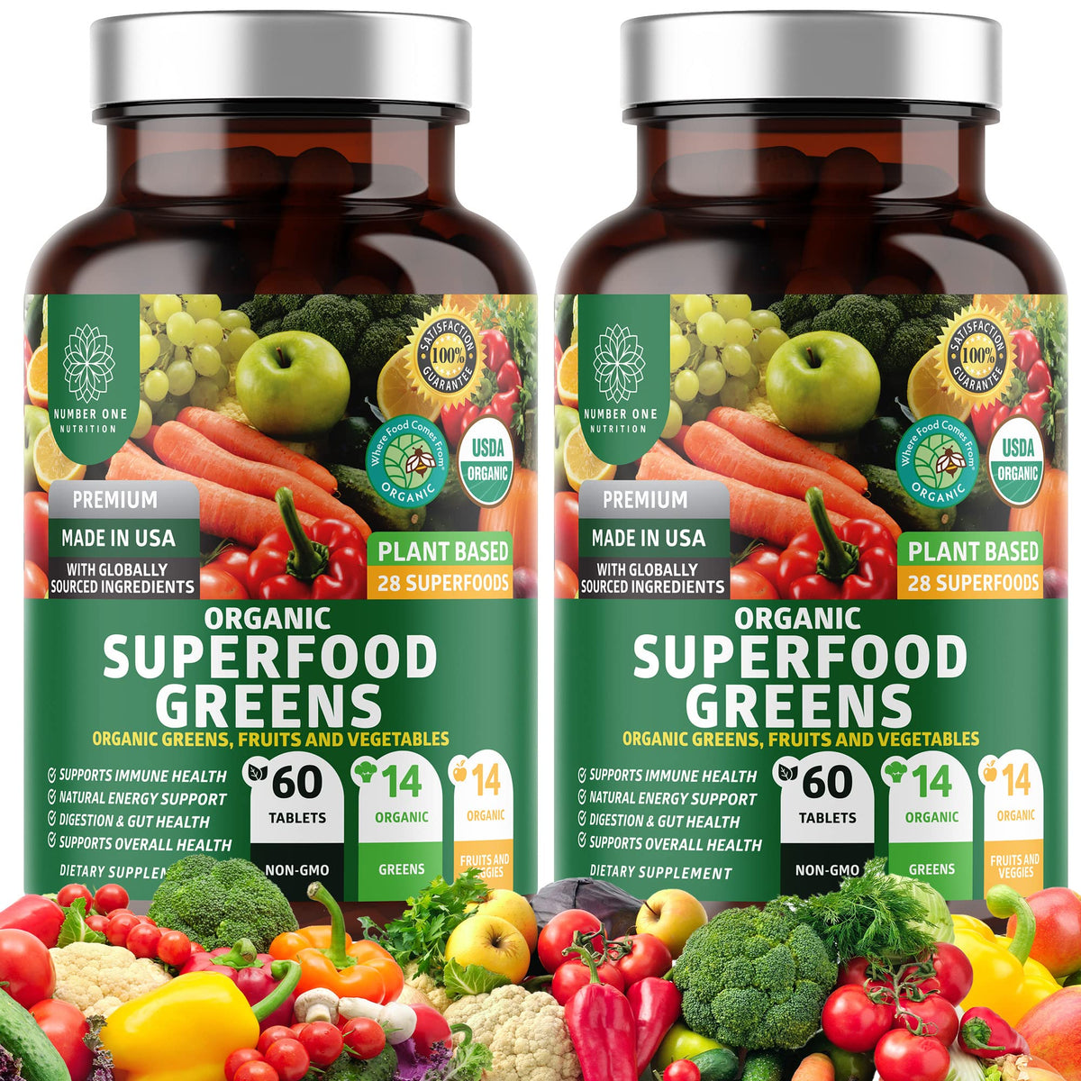Front view of two 120-count bottles of N1N Organic Green Superfood