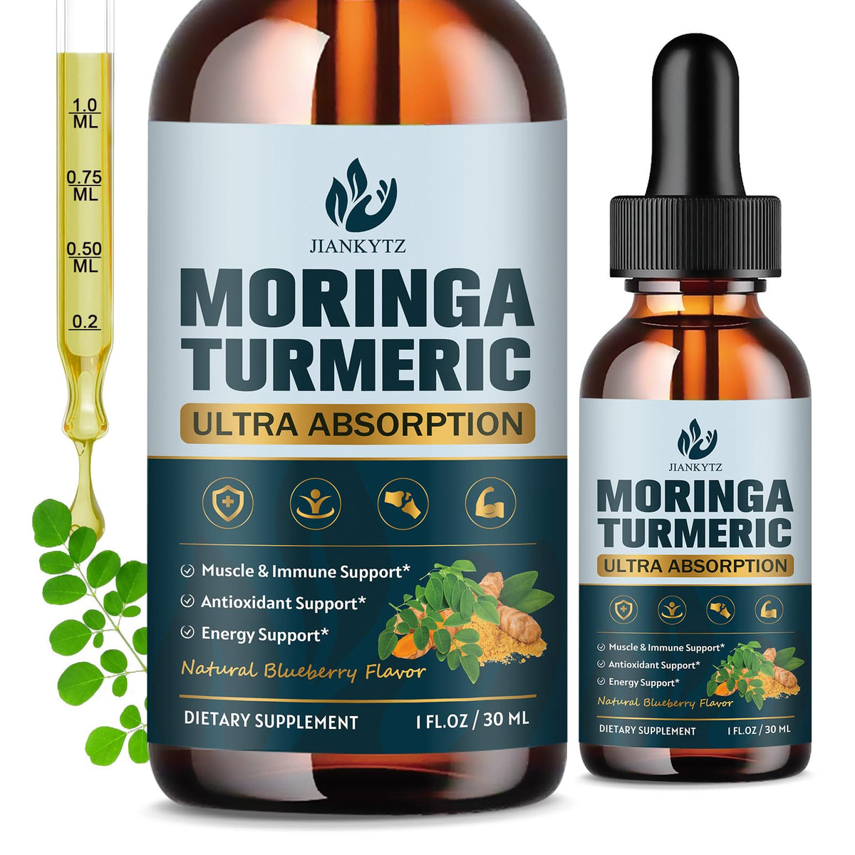 Two-pack organic moringa leaf extract liquid drops bottle front view