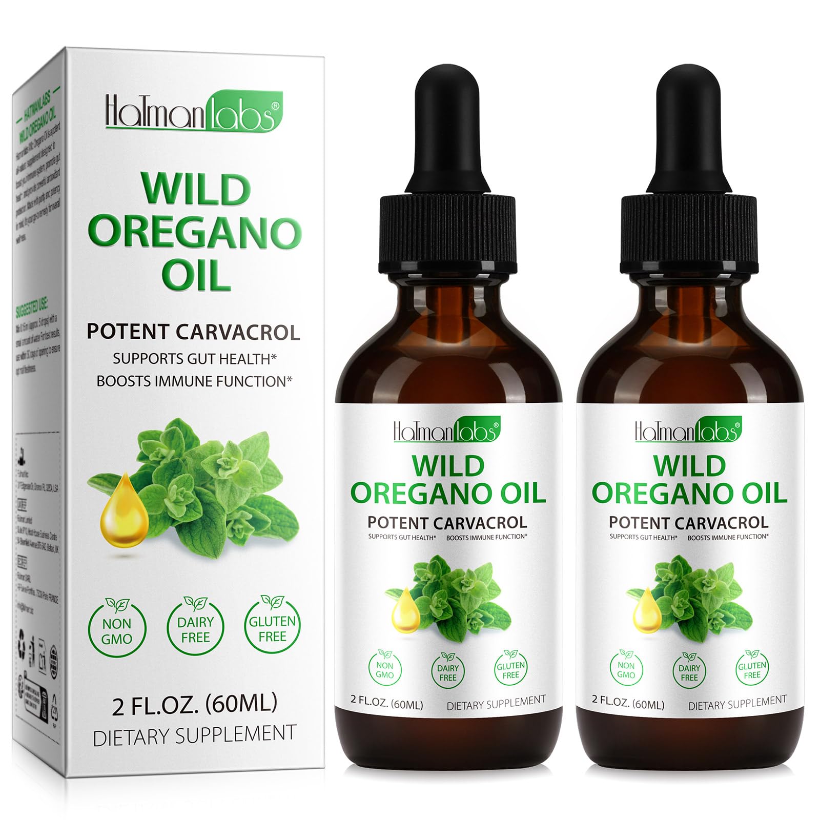 Two-pack organic oregano oil drops bottles on white background