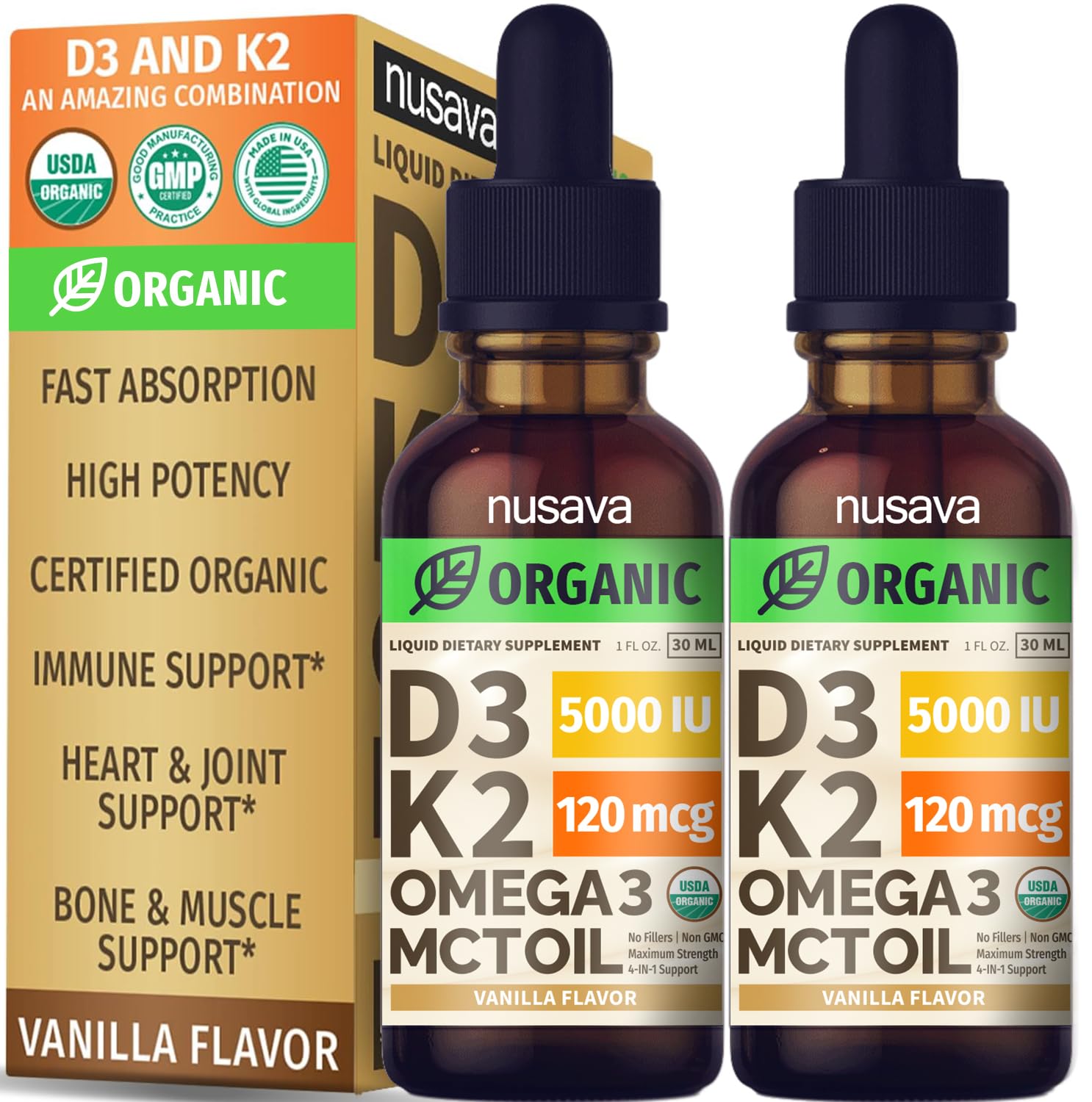2-pack Organic Vitamin D3 K2 Drops with MCT Oil Vanilla bottle label