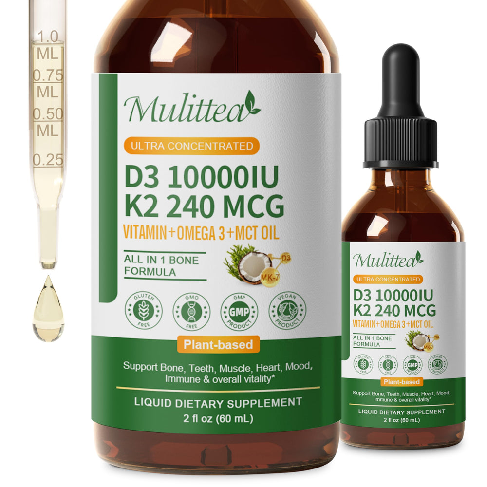 Front view of 2-pack Organic Vitamin D3 K2 Liquid with vegan Omega-3 and Coconut MCT Oil.