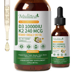 Front view of 2-pack Organic Vitamin D3 K2 Liquid with vegan Omega-3 and Coconut MCT Oil.