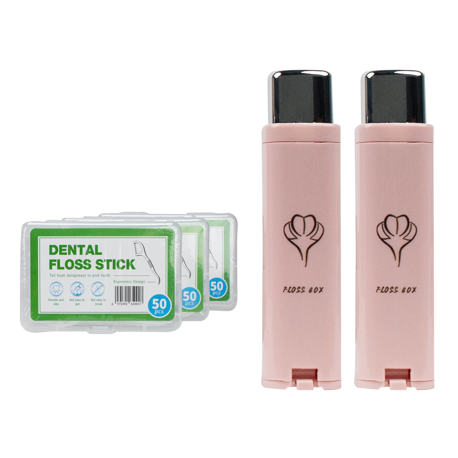 Two pink portable dental floss dispensers in a compact travel case