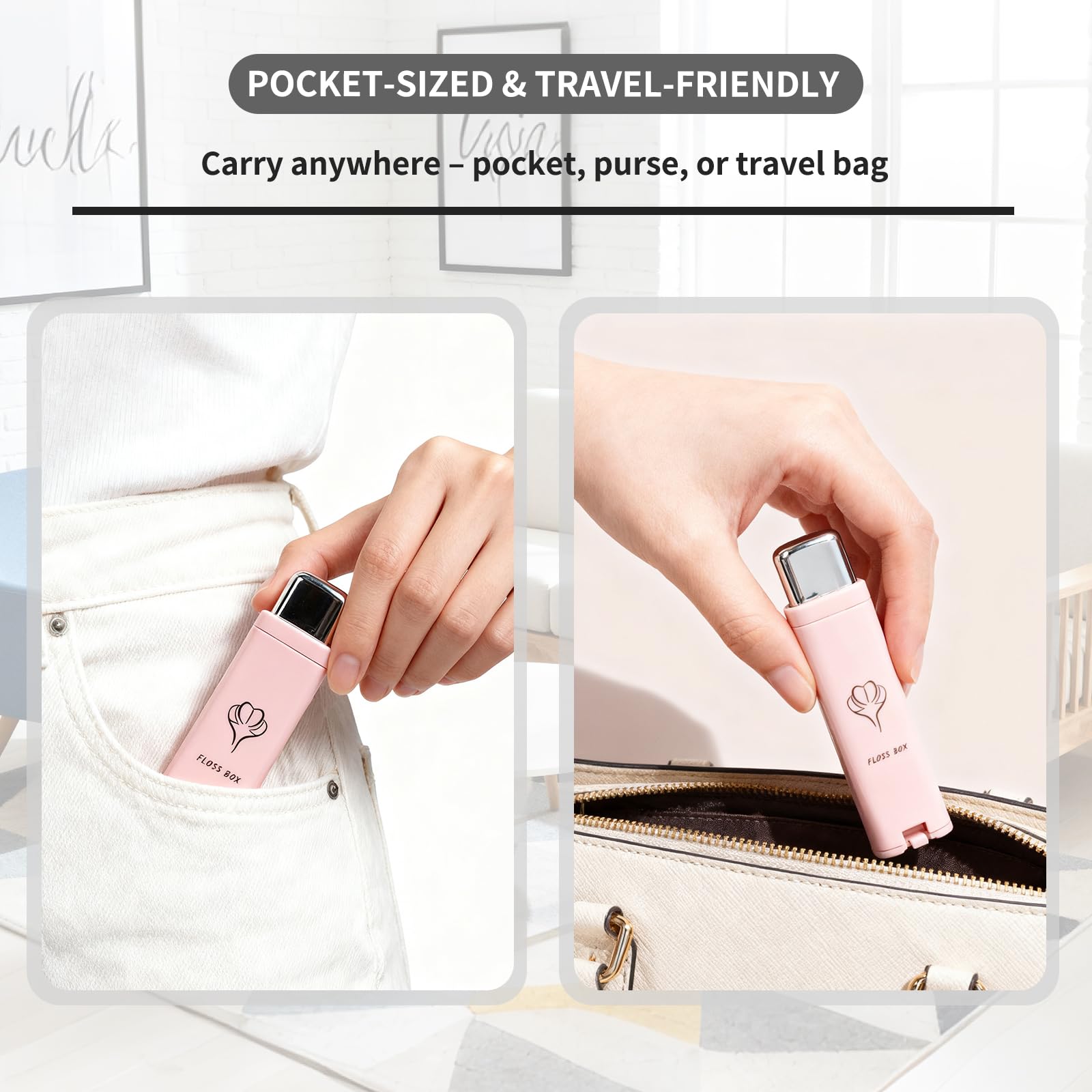 Compact, travel-friendly dental floss case in pink