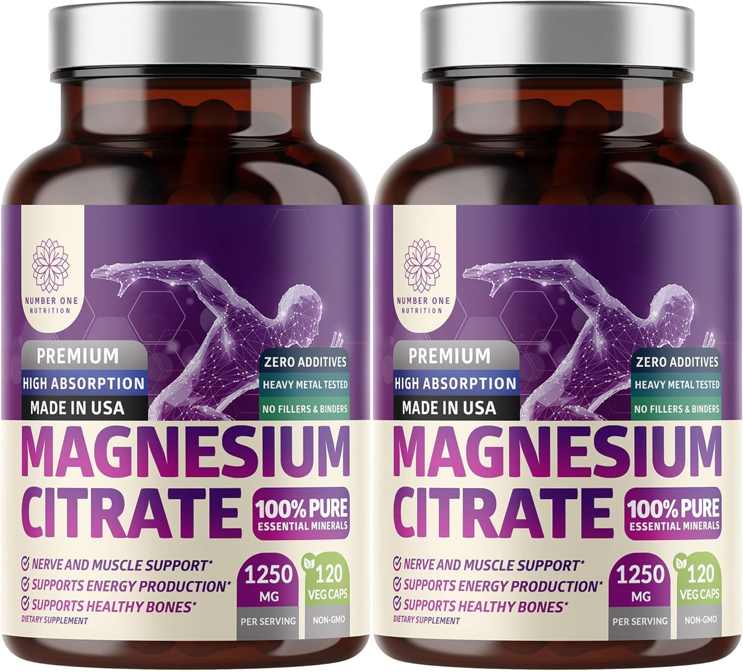 Front view of 2-pack magnesium citrate capsules bottle showing 1250 mg serving